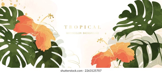 Tropical foliage watercolor background vector. Summer botanical design with gold line art, monstera leaves, hibiscus flowers. Luxury tropical jungle illustration for banner, poster, web and wallpaper.