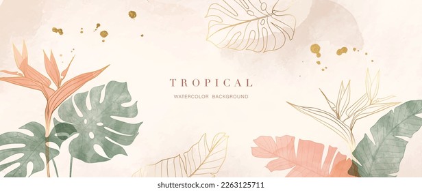 Vector de fondo de color foliage tropical. Diseño botánico de verano con arte en línea dorada, monstera, palmeras, plantas exóticas. Ilustración lujosa de la selva tropical para carteles, afiches, web y papel pintado.