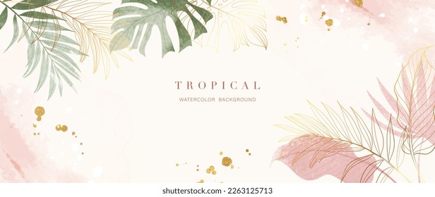 Vector de fondo de color foliage tropical. Diseño botánico de verano con arte de línea dorada, monstera, palma, textura acuarela. Lujosa ilustración de la selva tropical para carteles, afiches y papel pintado.