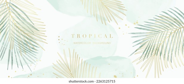 Vector de fondo de color foliage tropical. Diseño botánico de verano con arte de línea dorada, hojas de palma, textura de color verde acuático. Ilustración tropical de lujo para carteles, afiches, web y papel pintado.