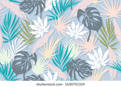 Tropical foliar vector seamless pattern. Exotic floral illustration. Colorful leaves and jungle plants. Minimalist and fashionable foliage tileable background.