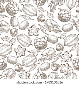 Tropical food fruits, carambola and kiwi, juicy mango, leaves seamless pattern. Maracuya dieting and detoxing, vegetarian or vegan menu background. Monochrome sketch outline, vector in flat style