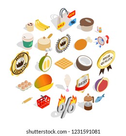 Tropical food icons set. Isometric set of 25 tropical food vector icons for web isolated on white background