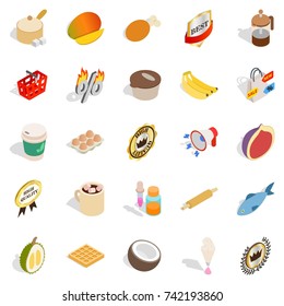 Tropical food icons set. Isometric set of 25 tropical food vector icons for web isolated on white background