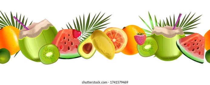 Tropical food seamless border in realistic style isolated on white. Vector exotic illustration with watermelon, green coconut, orange, mango, kiwi, palm leaves. Summer healthy food concept