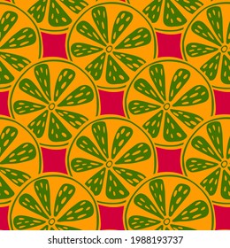 Tropical food seamless pattern with vintage citrus shapes. Orange and green colored ornament on pink background. Stock illustration. Vector design for textile, fabric, giftwrap, wallpapers.