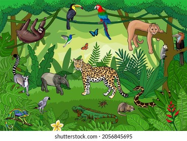 tropical forest with animals and birds