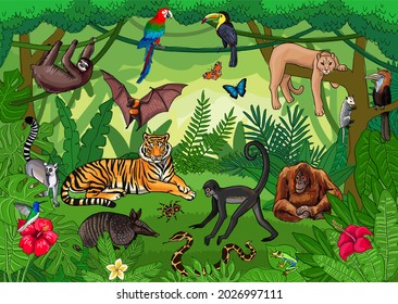 tropical forest with animals landscape vector