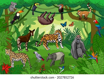 tropical forest with animals vector outline