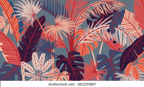 Tropical forest art deco wallpaper. Floral pattern with exotic flowers and leaves, split-leaf Philodendron plant ,monstera plant, Jungle plants line art on trendy background. Vector illustration.