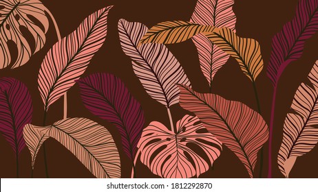 Tropical forest art deco wallpaper. Floral pattern with exotic flowers and leaves, split-leaf Philodendron plant ,monstera plant, Jungle plants line art on trendy background. Vector illustration.