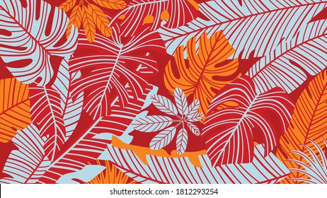 Fond d'écran art déco de la forêt tropicale. Motif floral avec fleurs et feuilles exotiques, plante Philodendron à feuilles cassées, plante monstère, plante de la Jungle, art de la ligne sur fond tendance. Illustration vectorielle.