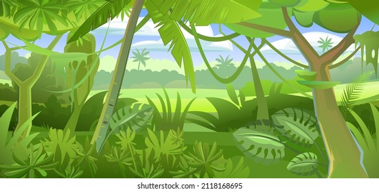 Tropical forest background. Dense thickets. View from the forest. Southern Rural Scenery. Illustration in cartoon style flat design. Vector.