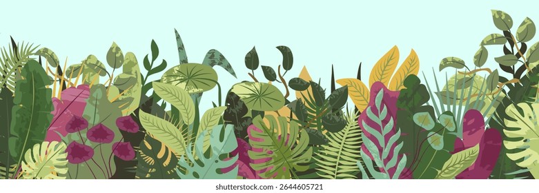 Tropical forest background. Nature green leaves, exotic plants, botanical border, horizontal floral banner, card design. 