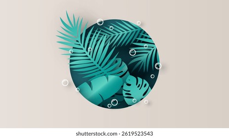 Tropical forest background in summer season. Tropical forest circle frame. paper cut and craft style. vector, illustration.