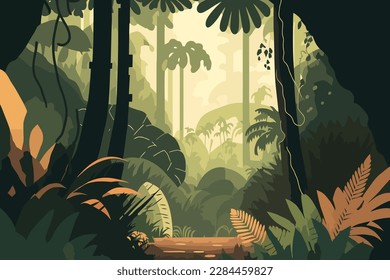 Tropical forest background. Vector illustration in flat cartoon style. Tropical rainforest with exotic plants