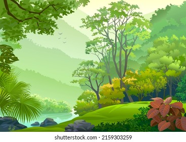 Tropical forest with a beautiful river flowing through dense vegetation.