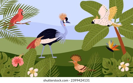 Tropical forest with tropical birds, foliage and flowers scene. Jungle landscape banner design. Flat vector illustration for wallpaper, backdrop, background.