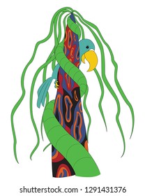 The tropical forest. Blue parrot vector illustration. Tree with lianas.