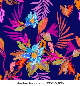 Tropical forest colors. Seamless floral pattern with digital art elements. Palm leaves and exotic flowers.  Colorful on purple background.