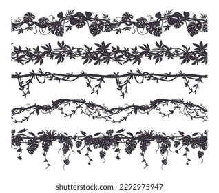 Tropical forest creeper. Jungle lianas silhouettes, rainforest climbing sprouts. Hanging liana vines flat vector illustration set