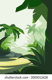 Tropical forest in daylight. Natural scenery in vertical orientation.