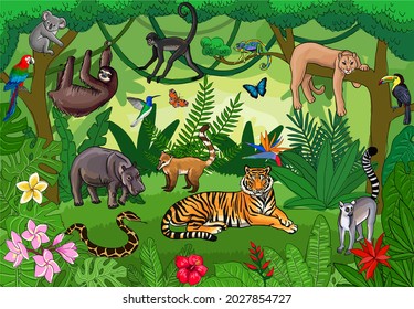 tropical forest with different animals vector