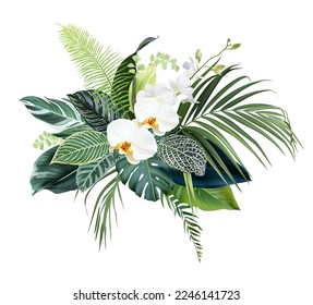 Tropical forest flowers and leaves vector design bouquet. White orchid, monstera, green anthurium, calathea, palm leaf. Exotic island jungle plants. Wedding arrangement.Elements are isolated, editable