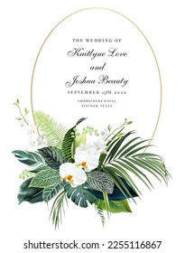 Tropical forest flowers and leaves vector design wedding round frame. White orchid, monstera, green anthurium, calathea, palm. Exotic island jungle plants. Wedding arrangement. Elements are isolated