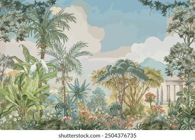 Jardín tropical del bosque con el templo romano, árbol, ilustración de la planta de flor para el Fondo de pantalla