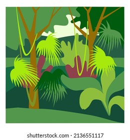 Tropical Forest. Icon, Clipart Of A Tropical Forest With Banana Palms, Large Trees, Vines. Green Amazon Forest, Lungs Of The Planet. Flat Vector Illustration, Cartoon Style.