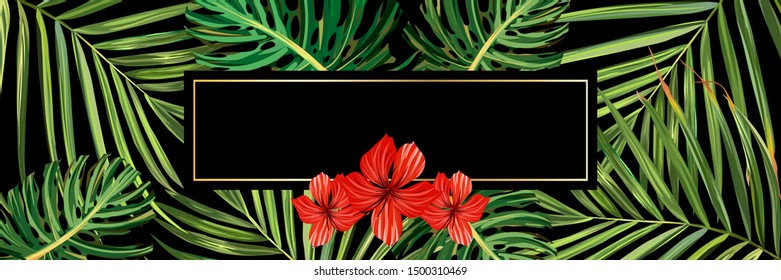 Tropical forest. Jungle background flower and palm. Vector floral illustration. Green tropical forest banner