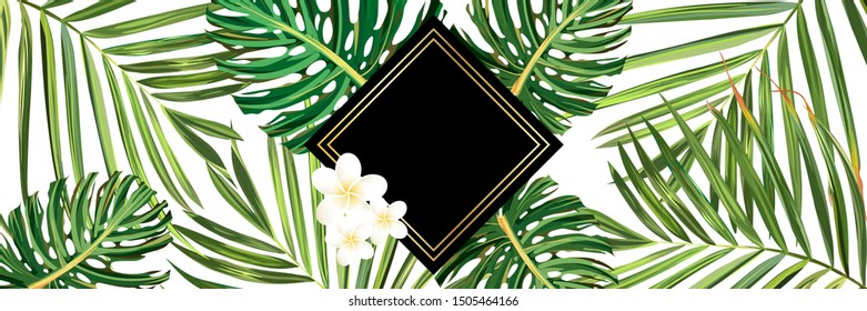 Tropical forest. Jungle background flower and palm. Vector floral illustration. Green tropical forest banner