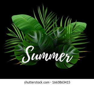 Tropical forest. Jungle background flower and palm. Vector floral illustration. Green tropical forest banner.