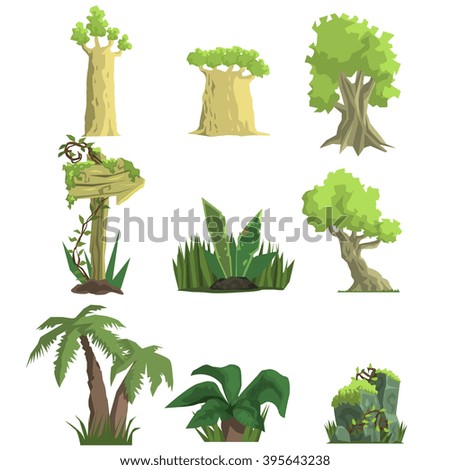 Tropical Forest Landscape Elements Realistic Flat Vector Illustration Set For Video Game On White Background