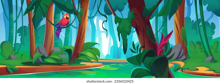 Tropical forest landscape with river and parrot sitting on branch. Vector cartoon illustration of jungle wood with exotic green plants and flowers, liana vines on old trees. Adventure game background