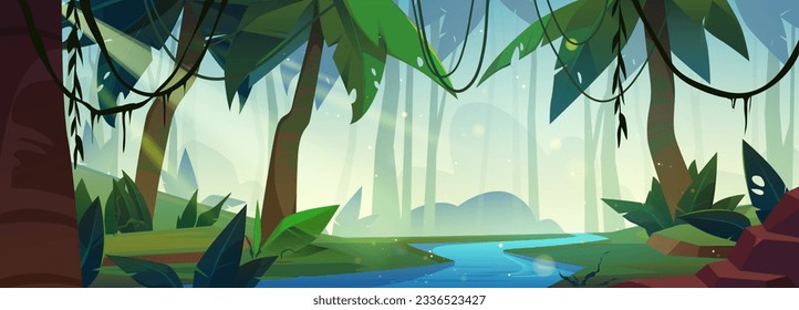 Paisaje boscoso tropical con río. Dibujo vectorial de madera de selva con plantas exóticas verdes, vigas de luz solar, viñas de liana sobre ramas de árbol sobre agua azul. Antecedentes del juego de aventura