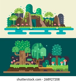 Tropical and  forest landscapes: stones, lake, flowers, trees, grass, bushes, mushrooms. Magical nature. Backgrounds for game. Vector flat illustrations