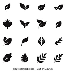 Iconos planos de hojas tropicales y forestales