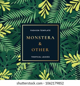 Tropical Forest Leaves Abstract Vector Banner or Invitation Template. Monstera Palm Leaf, Fern and other Foliage Background with Retro Golden Typography Frame. Classy Vintage Card or Poster.