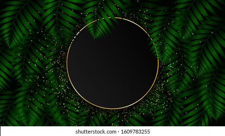 Tropical forest leaves abstract vector banner or invitation template. Palm leaf, fern and other foliage with retro golden circle frame. Classy vintage card