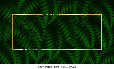 Tropical forest leaves abstract vector banner or invitation template. Palm leaf, fern and other foliage with retro golden typography frame. Classy vintage card