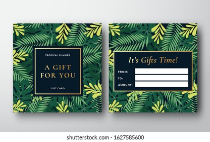 Tropical Forest Leaves Abstract Vector Gift Card, Banner or Invitation Template. Monstera Palm Leaf, Fern and other Foliage Background with Retro Golden Typography Frame. Back and Front Design Layout.