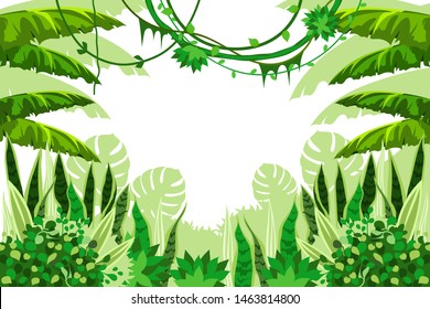 Tropical forest with leaves, grass and vines. Jungle background. vector cartoon illustration. Frame for banner, poster, page, cover.