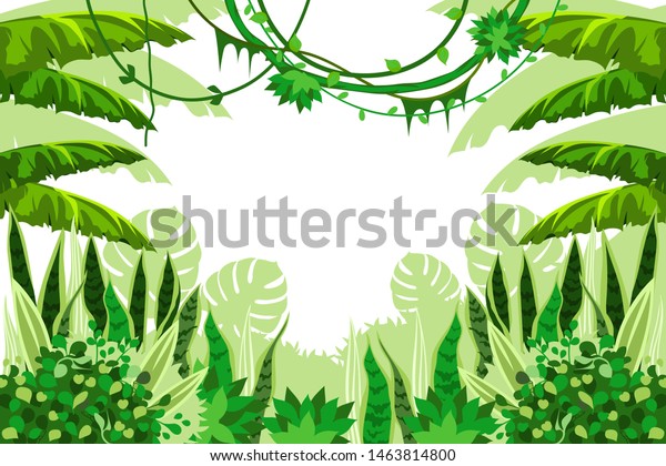 葉 草 つる植物を持つ熱帯の森 ジャングルの背景 ベクターカートーンイラスト バナー ポスター ページ 表紙の枠 のベクター画像素材 ロイヤリティフリー