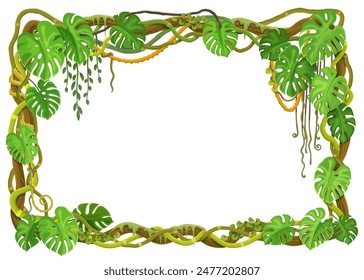 Marco de liana de bosque tropical con plantas de selva y hojas de monstruos. Fondo de Vector de dibujos animados con espesores, ramas de árboles y vides, follaje o hierba verde. Flora del bosque tropical del juego, Plantilla fronteriza