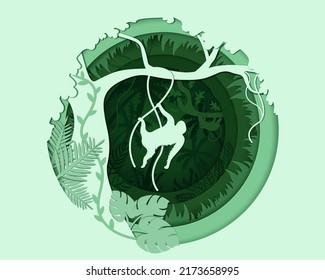 Tropical forest with monkey silhouettes in paper cut style. Wildlife concept. Jungle scene with palm trees, creepers, tropical leaves and primates. Vector illustration.