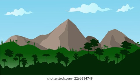 El paisaje montañoso de los bosques tropicales se adapta a los antecedentes. Diseño vectorial moderno