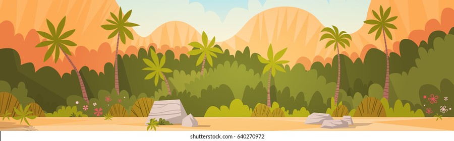 Tropical Forest With Mountains Background Resort Summer Vacation Flat Vector Lllustration