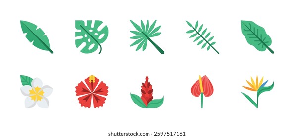 tropical forest nature island icons. flat color style icon set